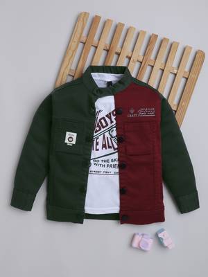 Maroon solid cotton denim jacket with printed t-shirt for boys 1