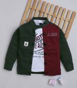 Maroon solid cotton denim jacket with printed t-shirt for boys