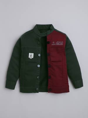 Maroon solid cotton denim jacket with printed t-shirt for boys 2