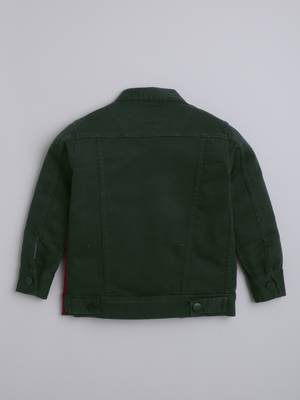 Maroon solid cotton denim jacket with printed t-shirt for boys 3
