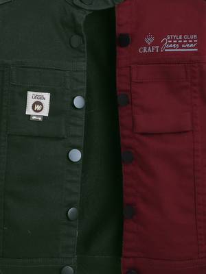 Maroon solid cotton denim jacket with printed t-shirt for boys 4