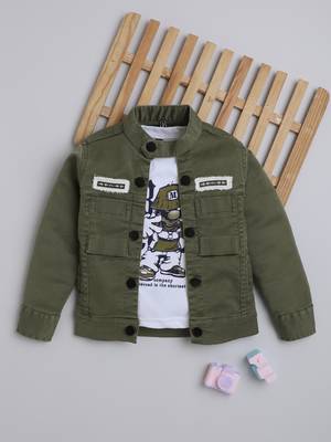 Olive green solid cotton denim jacket with printed t-shirt for boys 1