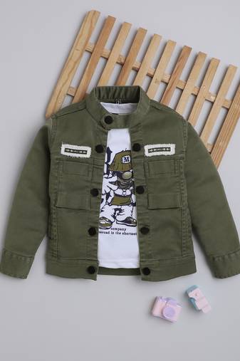 Olive green solid cotton denim jacket with printed t-shirt for boys