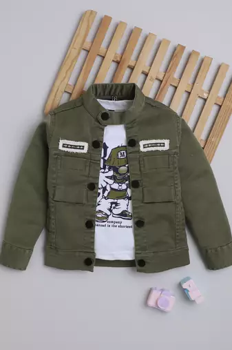 Olive green solid cotton denim jacket with printed t-shirt for boys