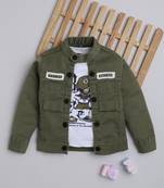 Olive green solid cotton denim jacket with printed t-shirt for boys