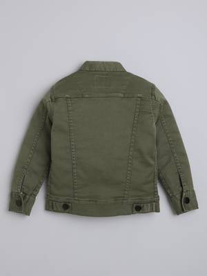 Olive green solid cotton denim jacket with printed t-shirt for boys 2