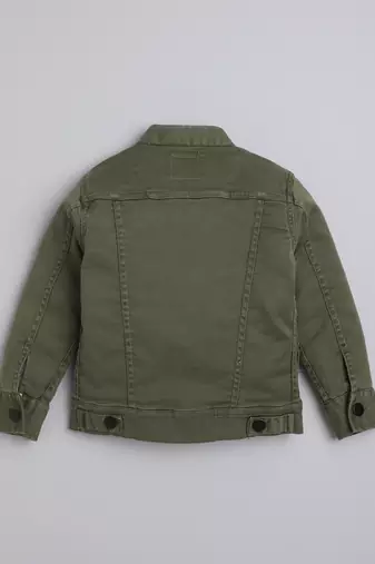 Olive green solid cotton denim jacket with printed t-shirt for boys