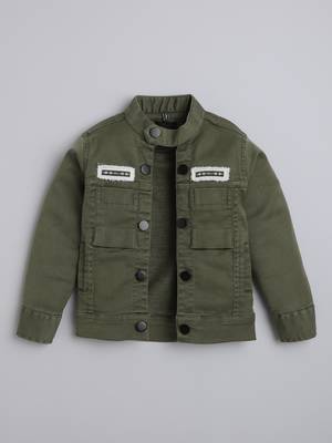 Olive green solid cotton denim jacket with printed t-shirt for boys 4