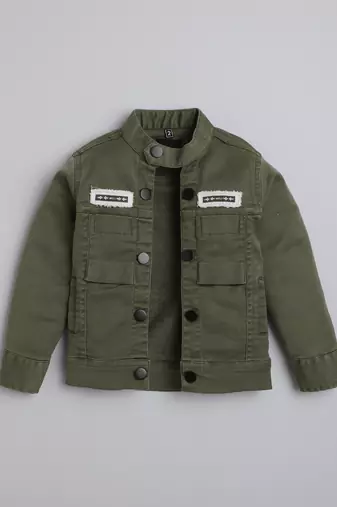 Olive green solid cotton denim jacket with printed t-shirt for boys