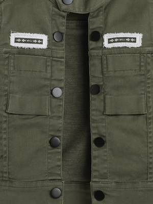 Olive green solid cotton denim jacket with printed t-shirt for boys 5