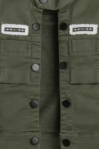 Olive green solid cotton denim jacket with printed t-shirt for boys