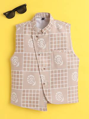 Beige jaquard sleeveless checks waistcoat 1