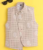Beige jaquard sleeveless checks waistcoat