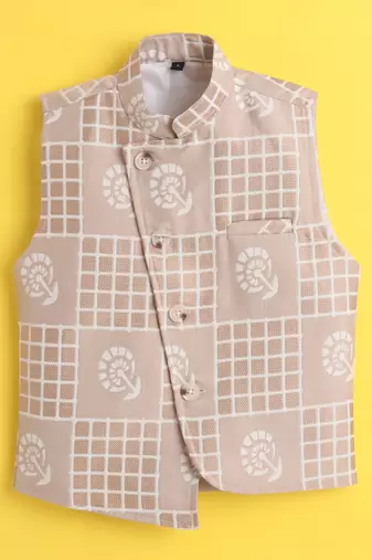 Beige jaquard sleeveless checks waistcoat