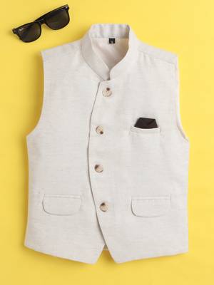 Beige jaquard sleeveless solid waistcoat 1