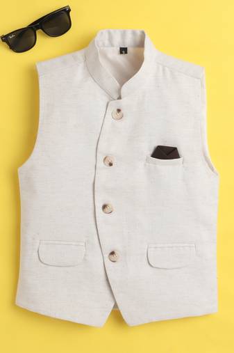 Beige jaquard sleeveless solid waistcoat