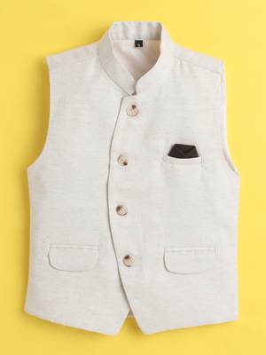Beige jaquard sleeveless solid waistcoat 3
