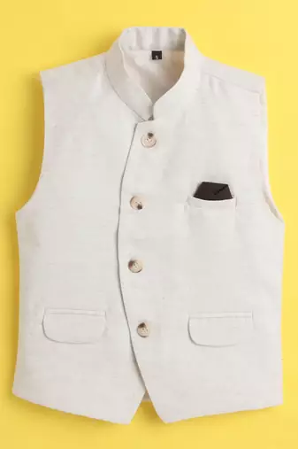 Beige jaquard sleeveless solid waistcoat
