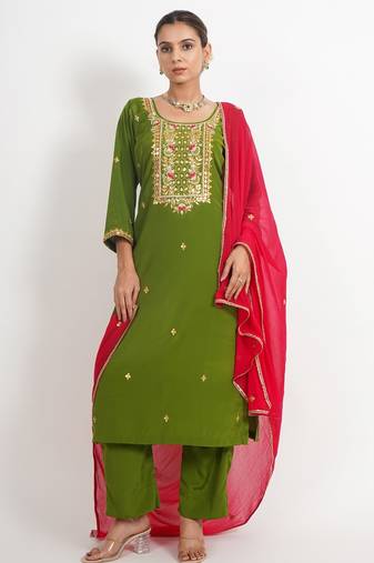 Green 'hawa mahal' hand embroidered silk crepe womens  suit- set of 3