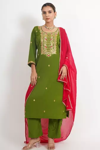 Green 'hawa mahal' hand embroidered silk crepe womens  suit- set of 3