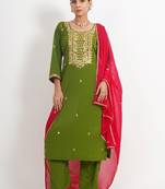 Green 'hawa mahal' hand embroidered silk crepe womens  suit- set of 3