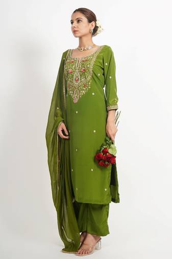 Green ' panna meena' hand embroidered silk crepe womens  suit- set of 3