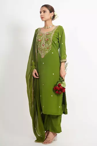 Green ' panna meena' hand embroidered silk crepe womens  suit- set of 3