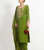 Green ' panna meena' hand embroidered silk crepe womens  suit- set of 3