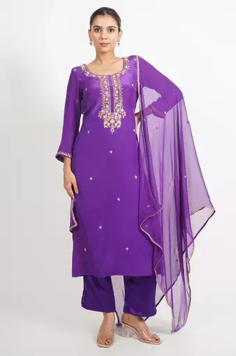 Purple 'man sagar'  hand embroidered  silk crepe  womens  suit- set of 3