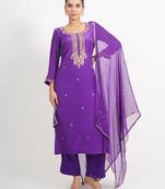 Purple 'man sagar'  hand embroidered  silk crepe  womens  suit- set of 3