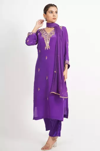 Purple 'kesar baag'  hand embroidered  silk crepe  womens  suit- set of 3