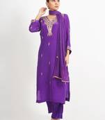 Purple 'kesar baag'  hand embroidered  silk crepe  womens  suit- set of 3
