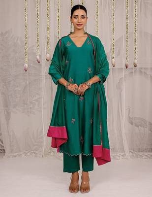 Green plain chanderi Kurta Set 1