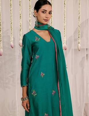 Green plain chanderi Kurta Set 3