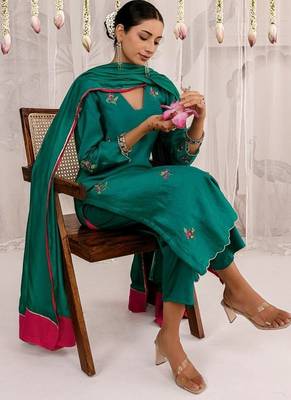Green plain chanderi Kurta Set 4