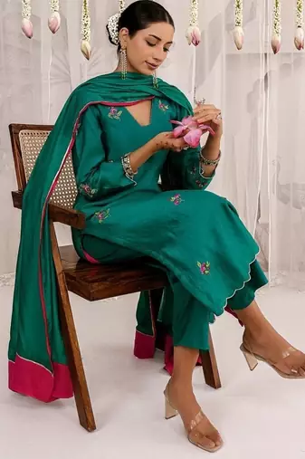Green plain chanderi Kurta Set