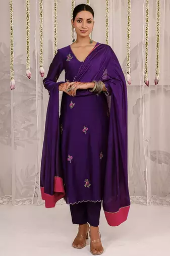 Purple embroidered chanderi Kurta Set
