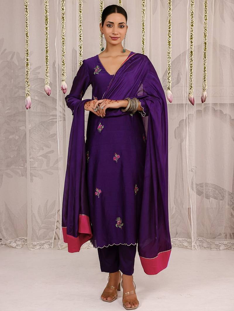 Purple embroidered chanderi Kurta Set