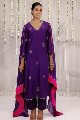 Purple embroidered chanderi Kurta Set