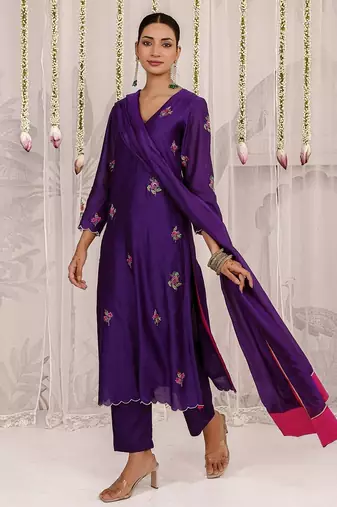 Purple embroidered chanderi Kurta Set