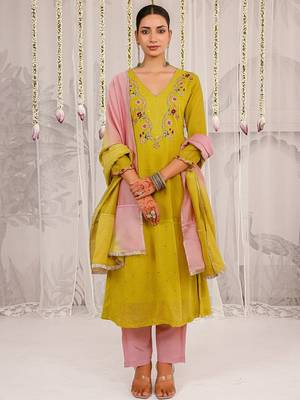 Yellow embroidered chanderi Kurta Set 1