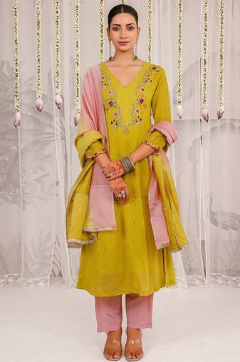 Yellow embroidered chanderi Kurta Set