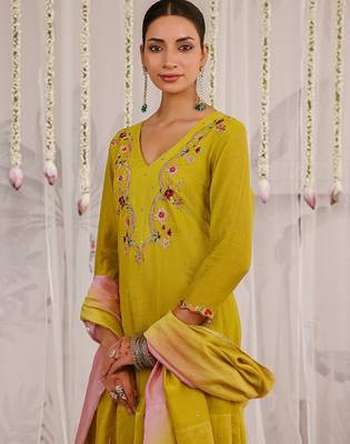 Yellow embroidered chanderi Kurta Set 2
