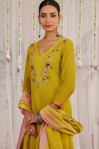 Yellow embroidered chanderi Kurta Set