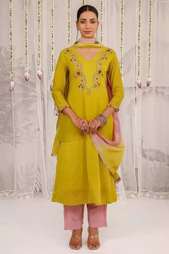 Yellow embroidered chanderi Kurta Set