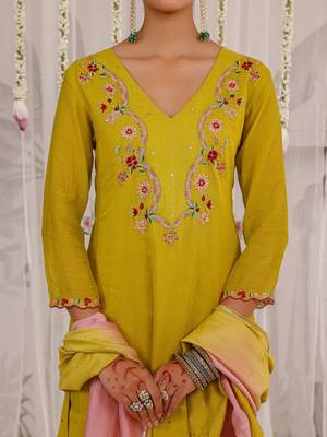 Yellow embroidered chanderi Kurta Set 4