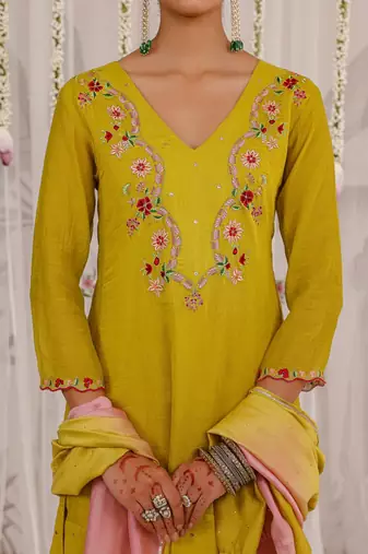 Yellow embroidered chanderi Kurta Set