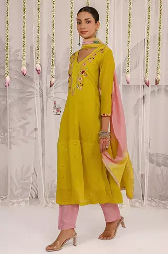Yellow embroidered chanderi Kurta Set