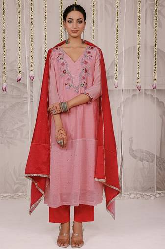Peach embroidered chanderi Kurta Set