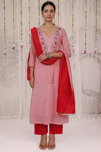 Peach embroidered chanderi Kurta Set